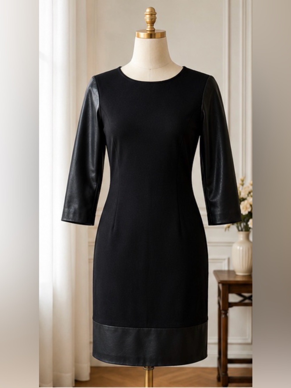 Black Faux-Leather Sleeve Sheath Dress